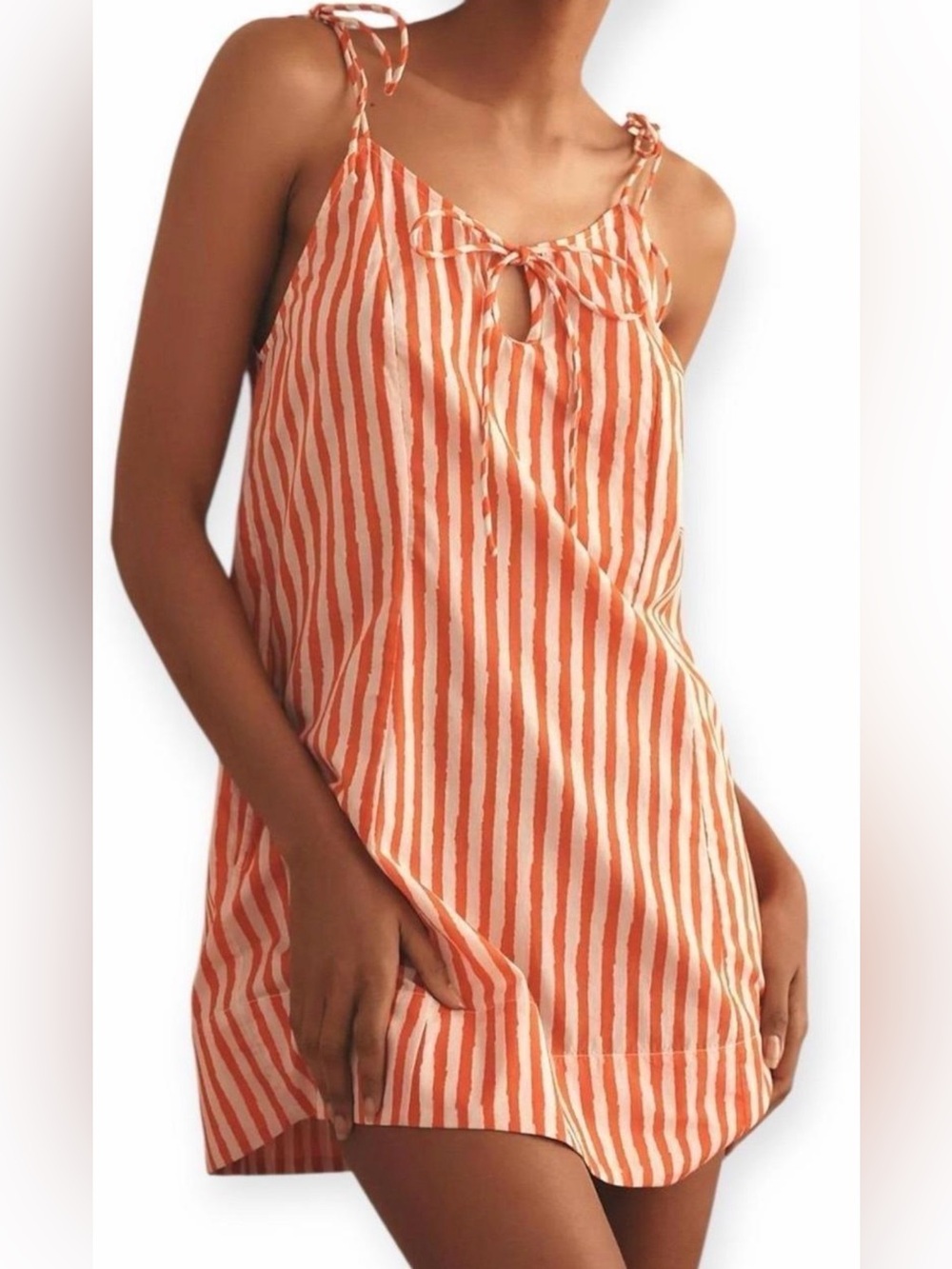 FARM RIO striped mini sundress with pockets and tie straps size L
